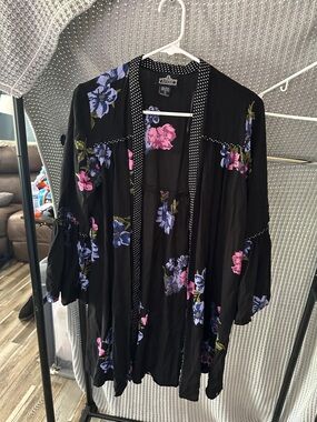 Angie Black Floral Kimono with Pink and Purple Flowers